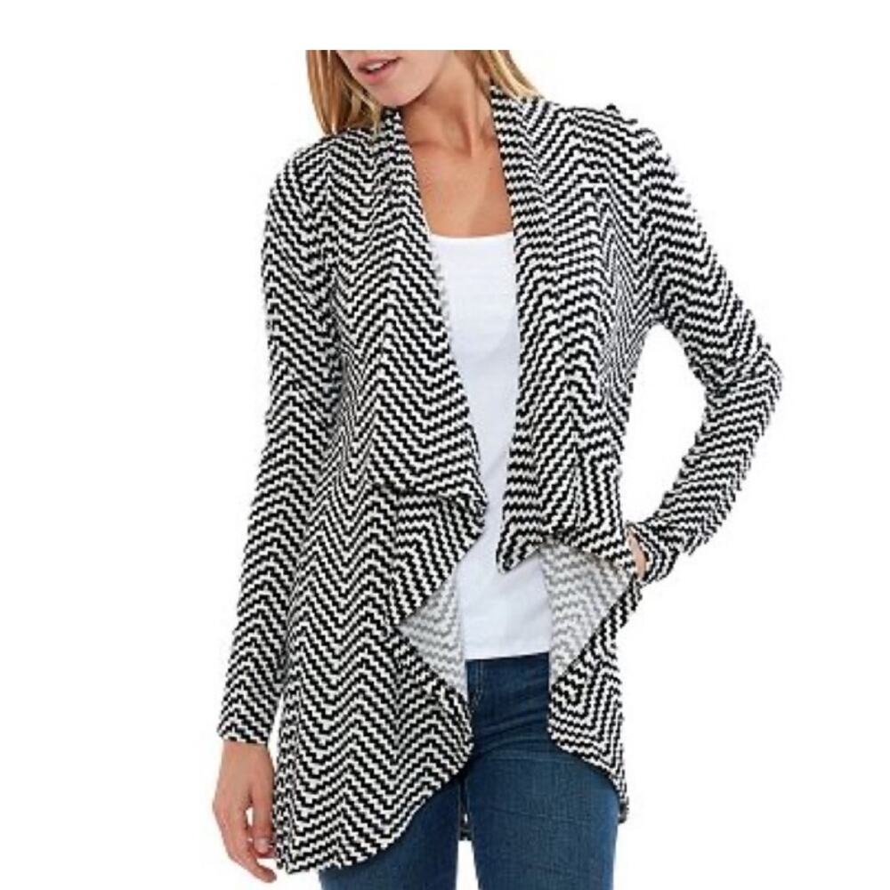 Skies Are Blue Zigzag Open Front Cardigan Sweater Black White Size Medium